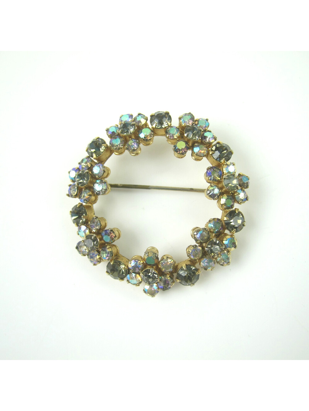 Vintage Pin Brooch Aurora Borealis Rhinestone Flowers Wreath Gold Tone 1.5"